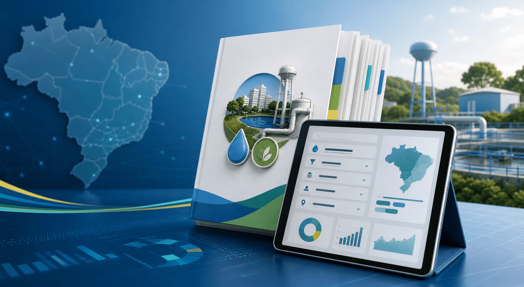 Ilustração de planos municipais de saneamento básico, mapa do Brasil e painel digital de consulta